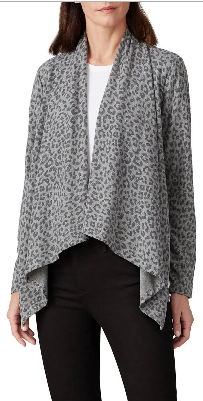 Bobeau Gray Leopard Amie French Terry Draped Cardigan S